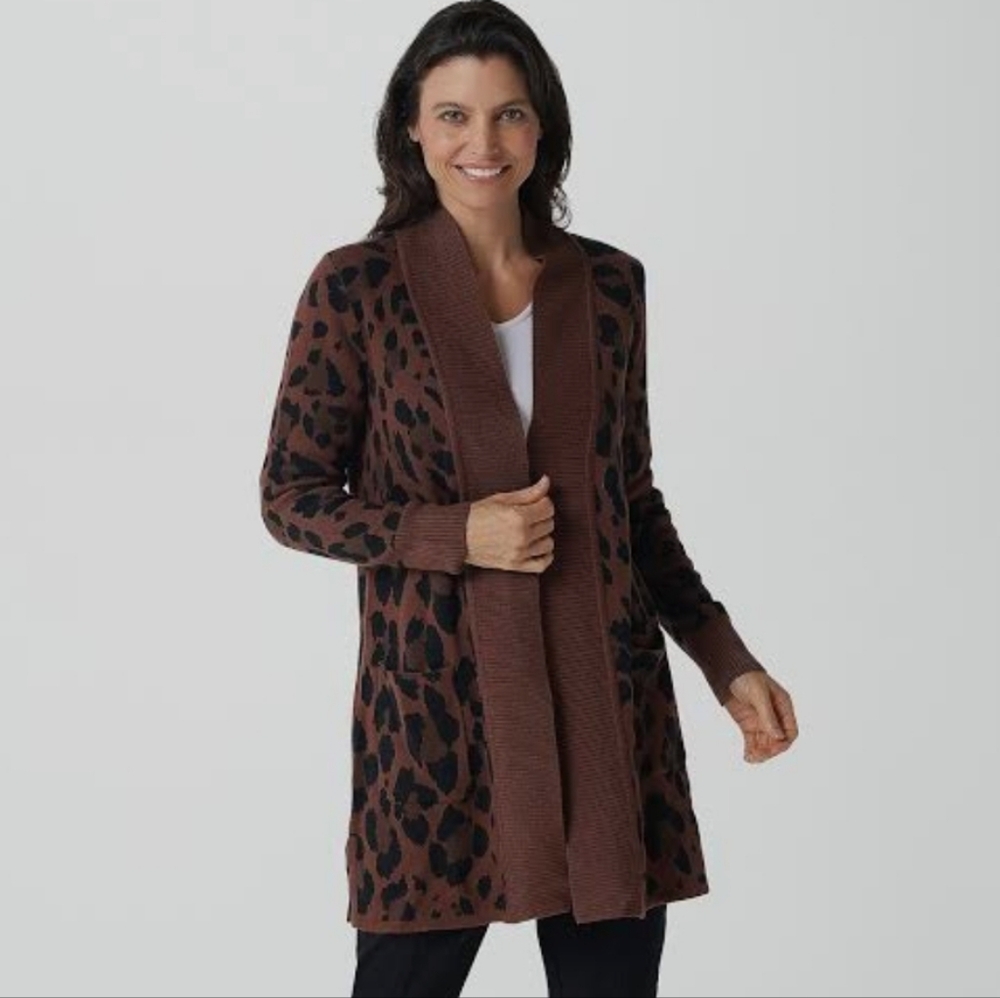 Isaac Mizrahi Leopard Print Open Front Cardigan Long Tunic Sweater Size L